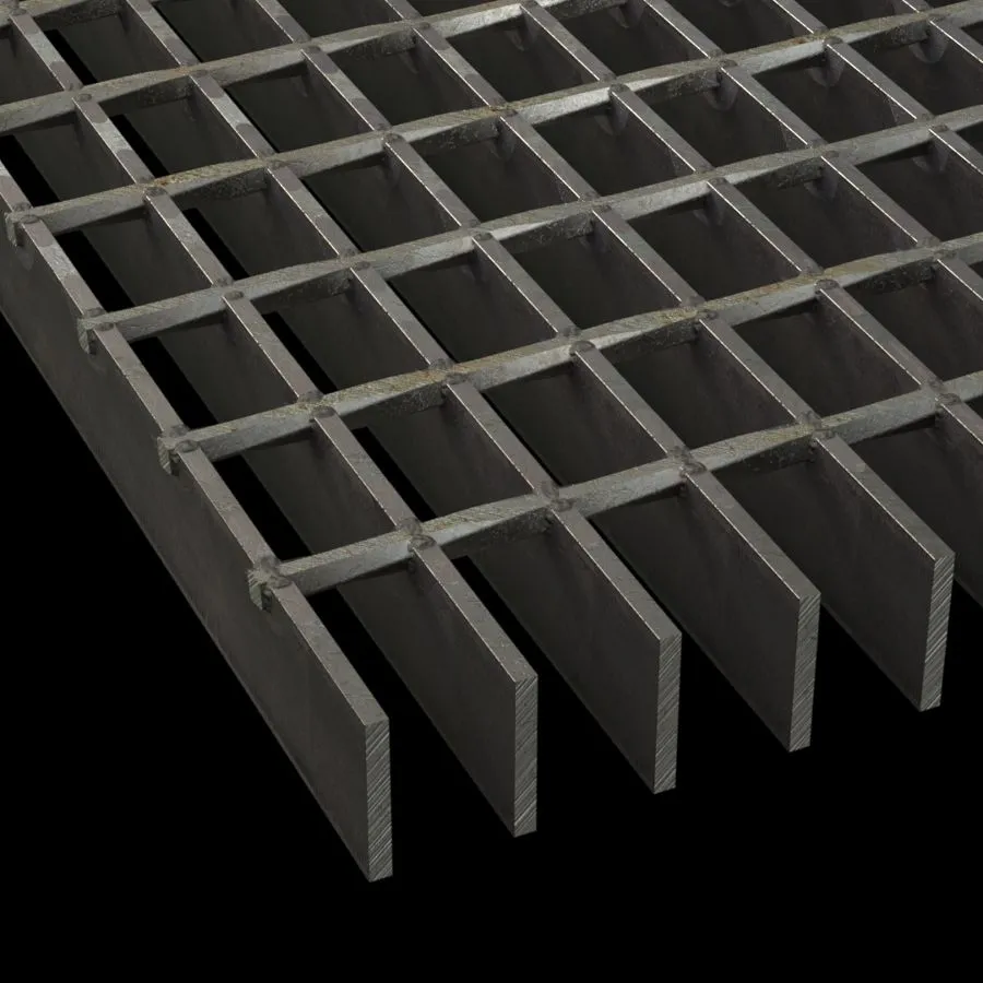 Steel grating panels used as facade cladding/screen on building exterior; diagonal view