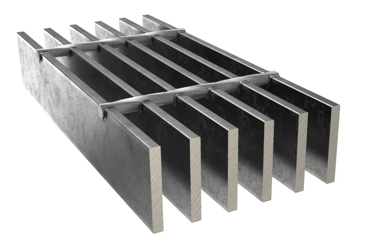 Steel bar grating — Flat steel bars and rods stacked as raw material in factory racks