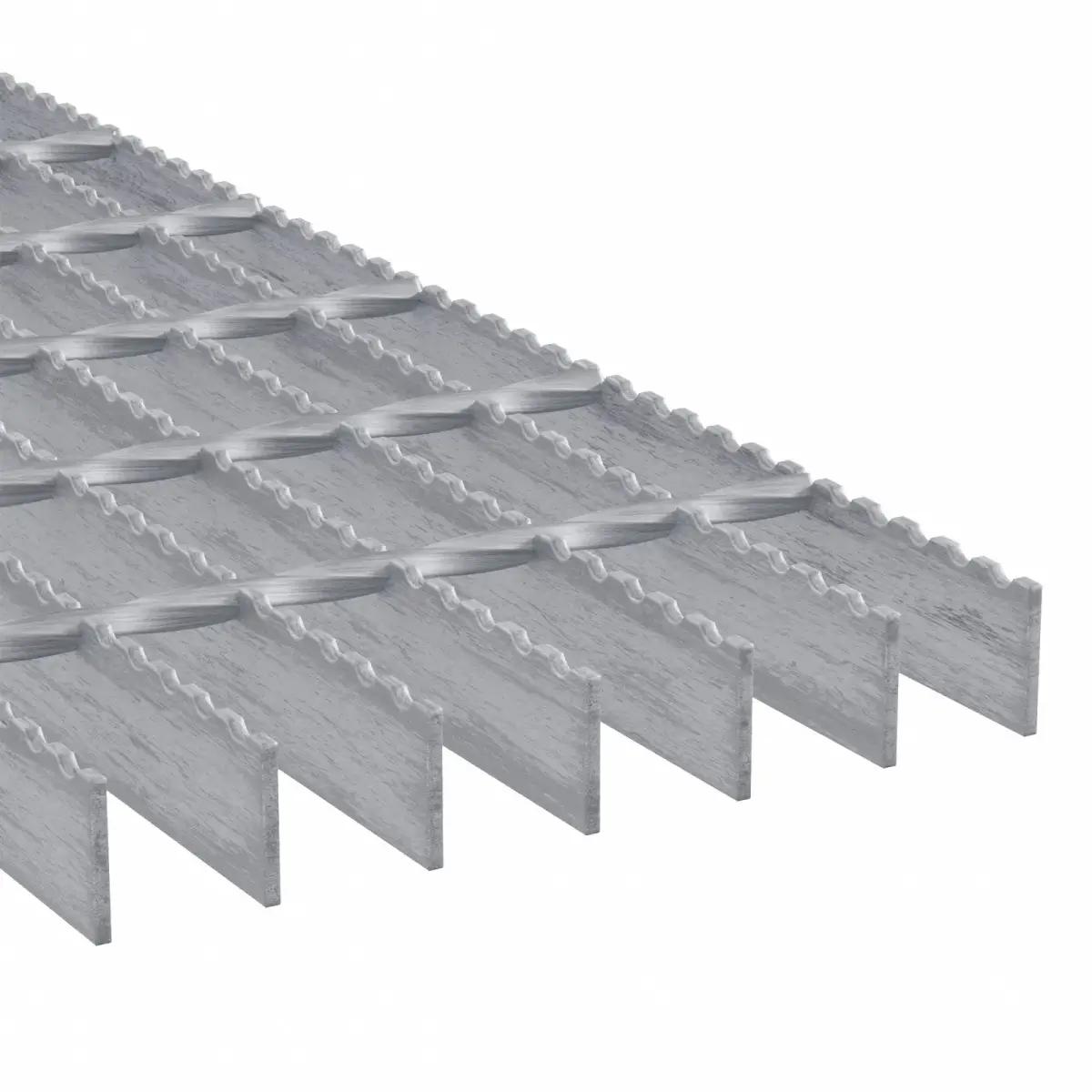 Bundles of galvanized grating panels strapped and stacked on pallets in yard; ready for shipping