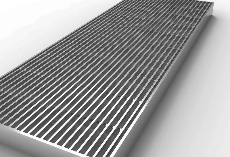 Close-up of fine-mesh press-locked steel grating with banded edge; high angle on white background