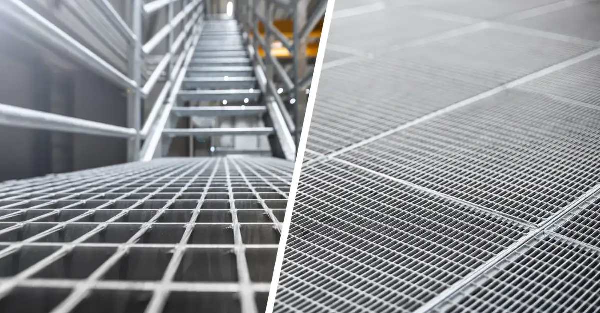 Press-locked grating panels leaning/stacked in warehouse; slotted bars; sun reflection