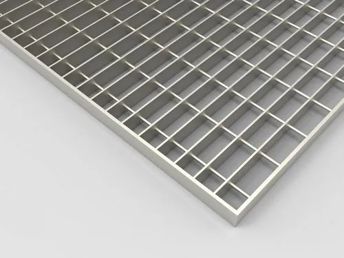 Stainless grating stair treads with checker plate nosing installed on industrial stairs