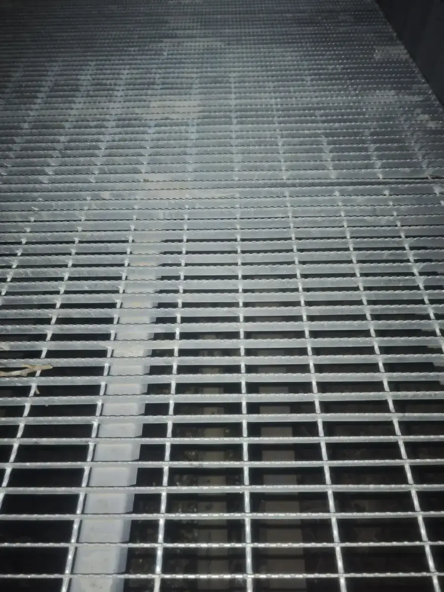Galvanized welded grating stair treads installed on concrete entrance steps outdoors