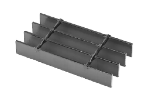 Galvanized grating stair treads with anti-slip nosing on industrial steel staircase; side angle