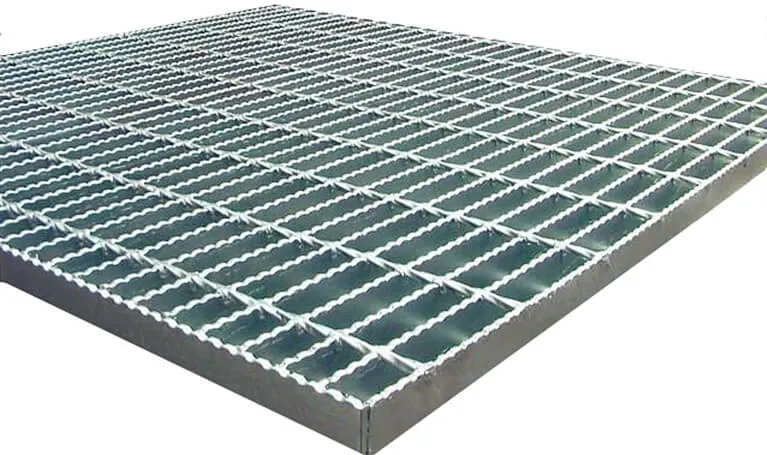 Steel bar grating — Stair tread with perforated raised anti-slip nosing; close-up