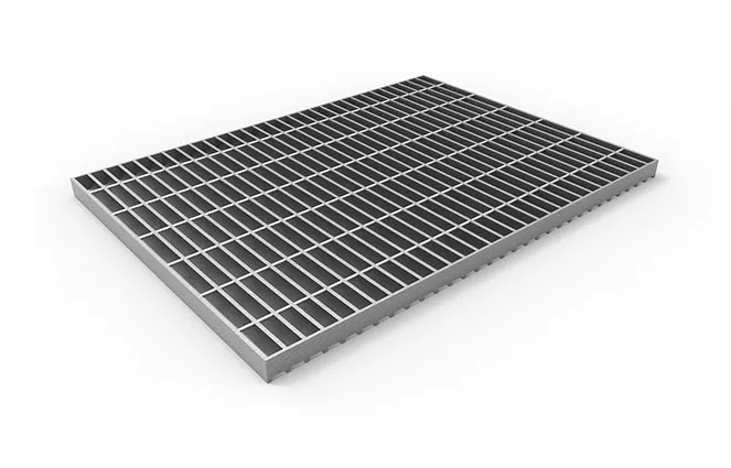 Grating stair treads on exterior metal stairs of building
