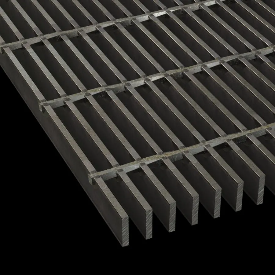 Galvanized grating walkway with railings over water channel at plant