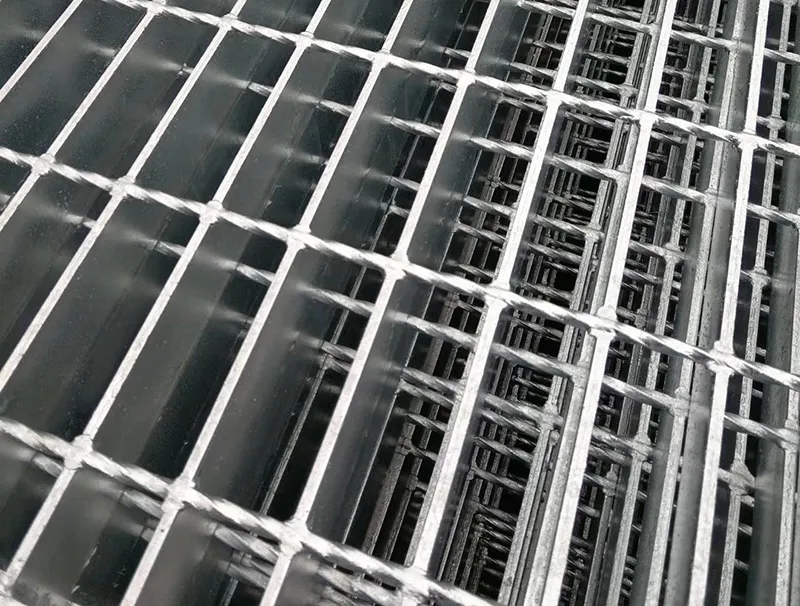 Grating mezzanine platform floor inside modern warehouse; seen from ground level