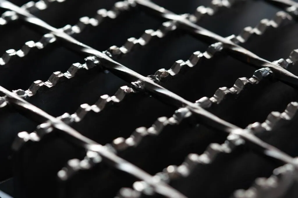 Rectangular galvanized welded grating panel; three-quarter view on white background