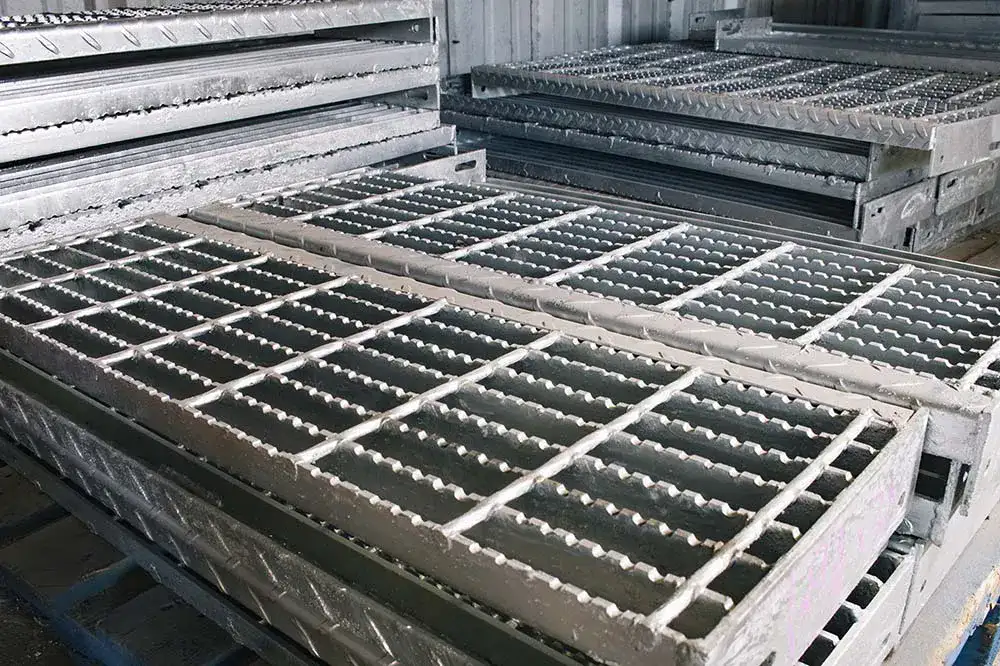 Rectangular galvanized welded grating panel; three-quarter view on white background