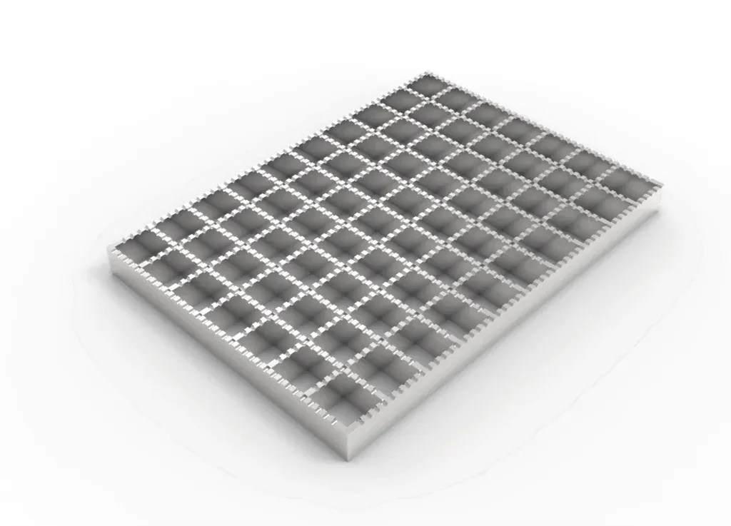 Rectangular galvanized welded grating panel; three-quarter view on white background