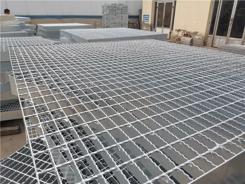 Rectangular galvanized welded grating panel; three-quarter view on white background
