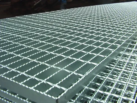 Rectangular galvanized welded grating panel; three-quarter view on white background