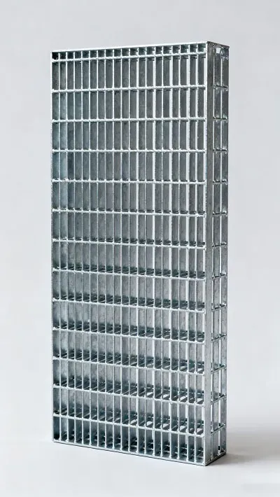 Rectangular galvanized welded grating panel; three-quarter view on white background