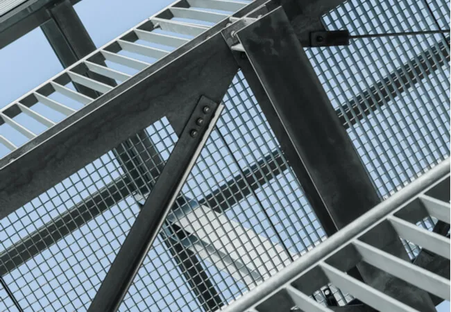 Rectangular galvanized welded grating panel; three-quarter view on white background