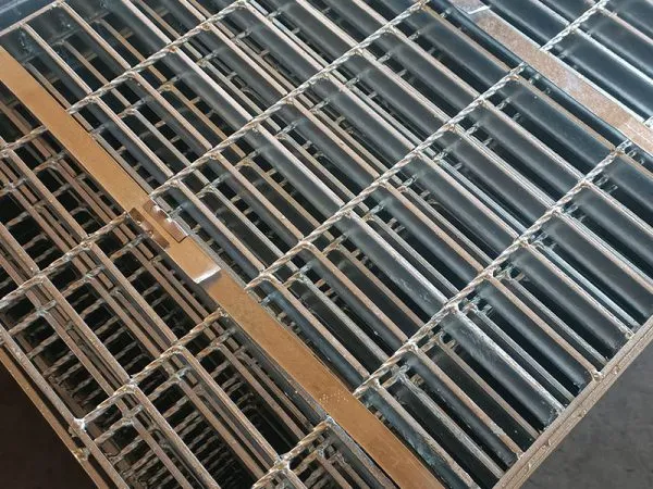 Rectangular galvanized welded grating panel; three-quarter view on white background