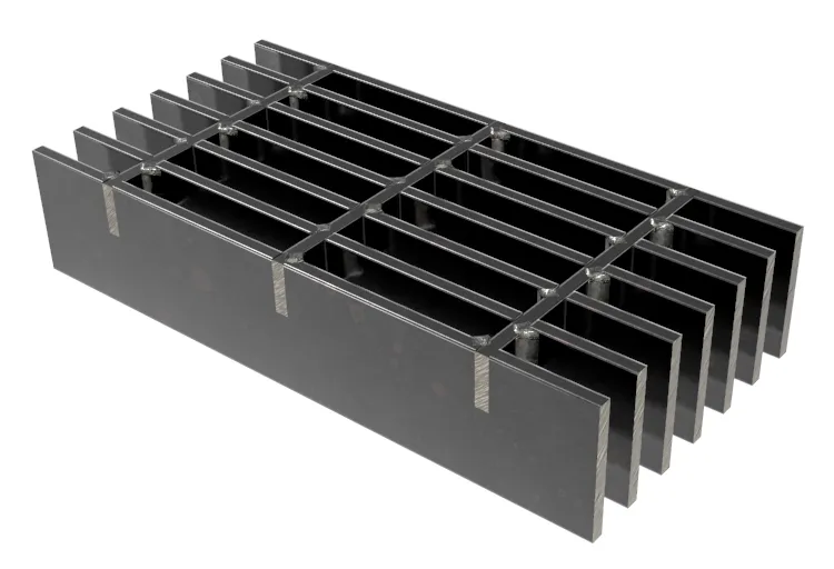 Welded steel grating close-up on white background; dark finished bars with raw silver cut ends