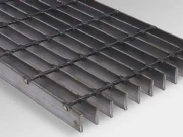 Rectangular galvanized welded grating panel; three-quarter view on white background