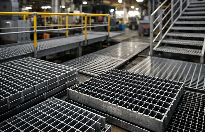 Rows of galvanized grating panels laid flat in storage yard