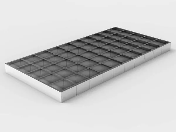 Welded steel bar grating close-up; galvanized; white studio background