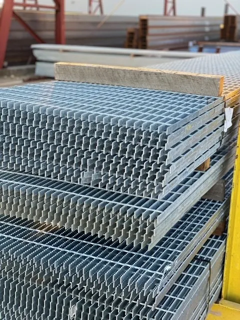 Rectangular galvanized welded grating panel; three-quarter view on white background