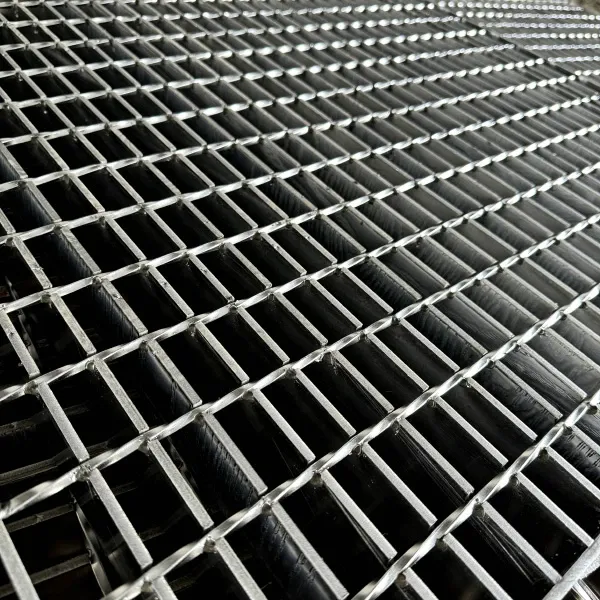 Rectangular galvanized welded grating panel; three-quarter view on white background