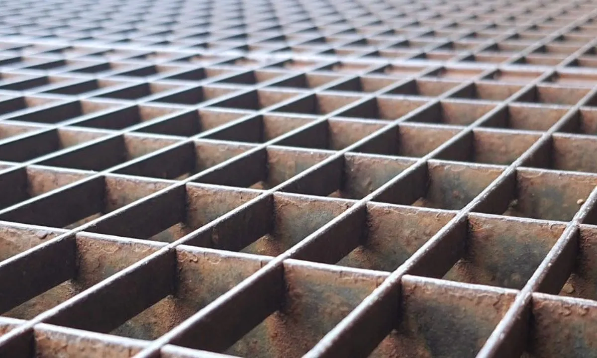 Rectangular galvanized welded grating panel; three-quarter view on white background