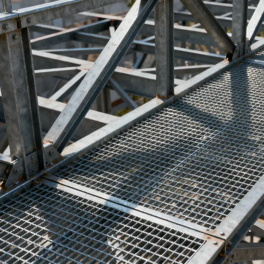 Rectangular galvanized welded grating panel; three-quarter view on white background