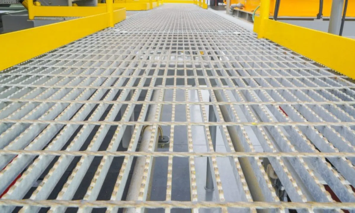 Rectangular galvanized welded grating panel; three-quarter view on white background