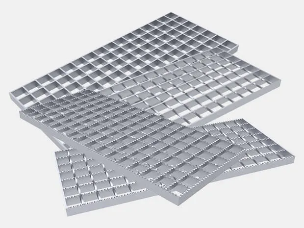 Four welded steel grating panels stacked and fanned; mix of plain and serrated bars; elevated three-quarter studio view