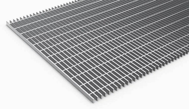 Single welded steel grating panel at low three-quarter angle on clean studio background; render-quality finish