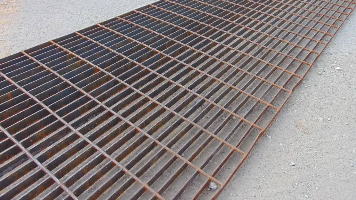 Rectangular galvanized welded grating panel; three-quarter view on white background