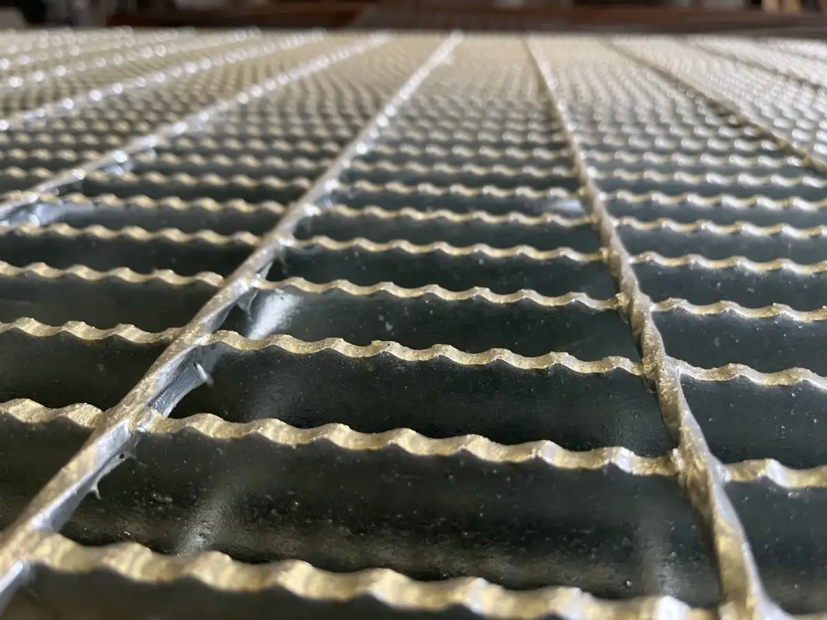 Rectangular galvanized welded grating panel; three-quarter view on white background