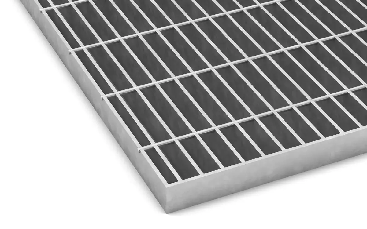 Rectangular galvanized welded grating panel; three-quarter view on white background