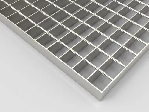 Welded steel grating panel from high three-quarter angle; diagonal placement on light studio background