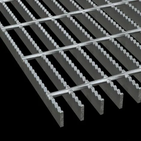 Welded steel grating panel (bearing bars + twisted square cross bars); mid-distance elevated view on white background