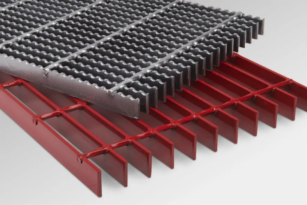 Rectangular galvanized welded grating panel; three-quarter view on white background