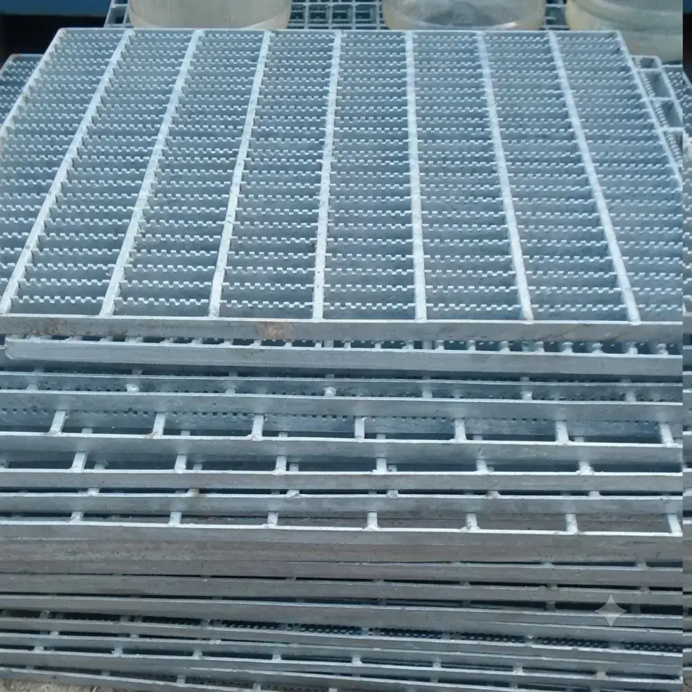 Rectangular galvanized welded grating panel; three-quarter view on white background