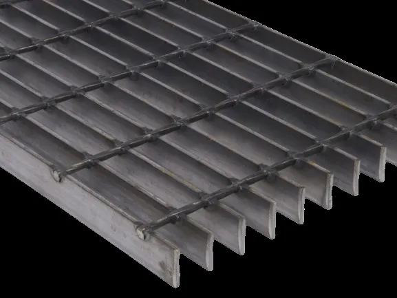 Rectangular galvanized welded grating panel; three-quarter view on white background