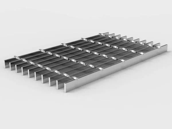 Welded steel bar grating close-up; bearing bars with twisted square cross rods; low three-quarter view on white background