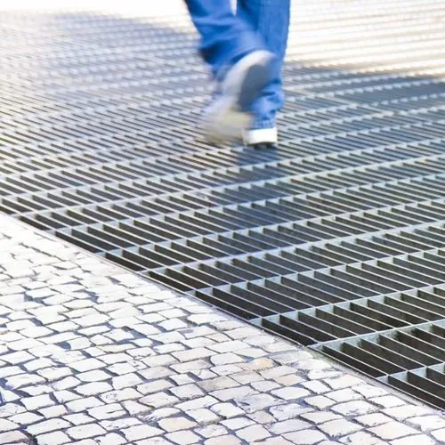Rectangular galvanized welded grating panel; three-quarter view on white background