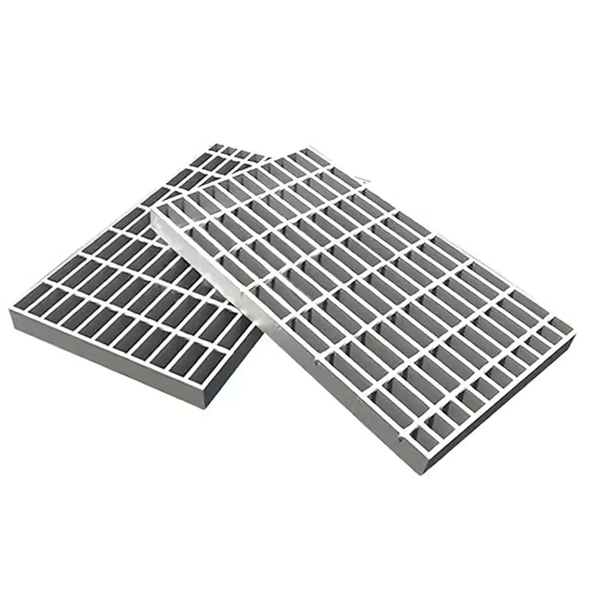 Rectangular galvanized welded grating panel; three-quarter view on white background
