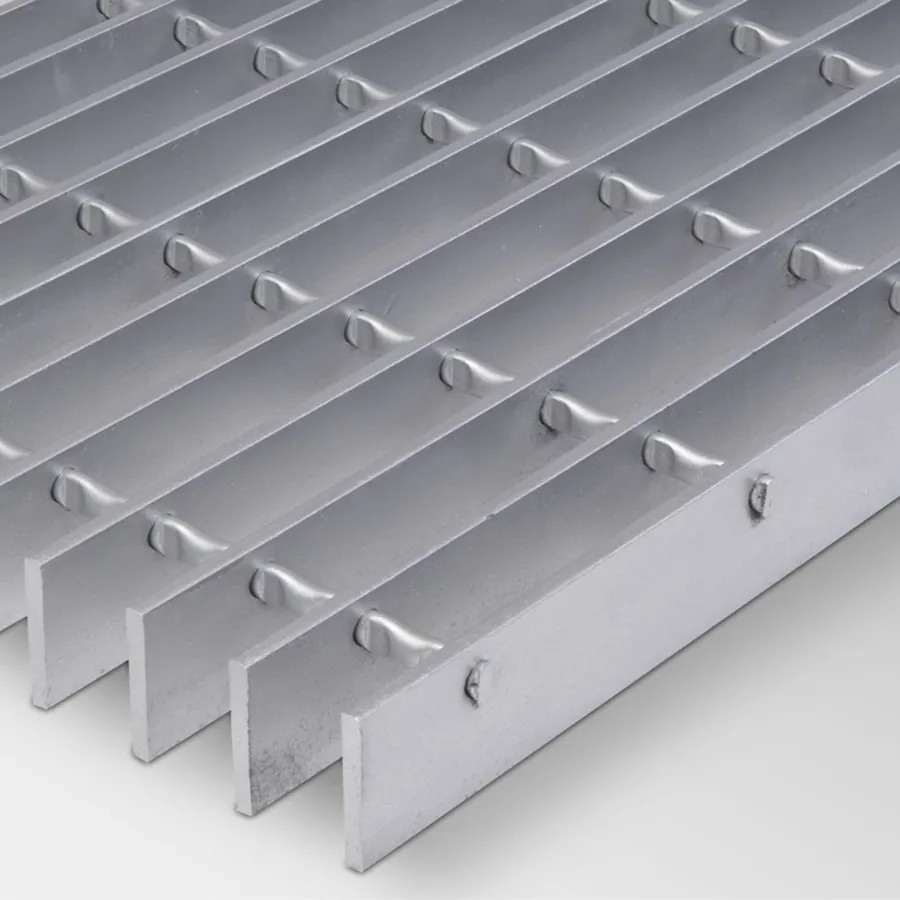 Square hot-dip galvanized welded grating panel with flat bar banding; 45-degree three-quarter view on white background
