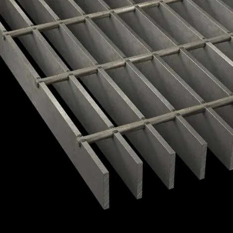 Welded steel grating close-up with visible weld points at cross bar intersections; black studio background