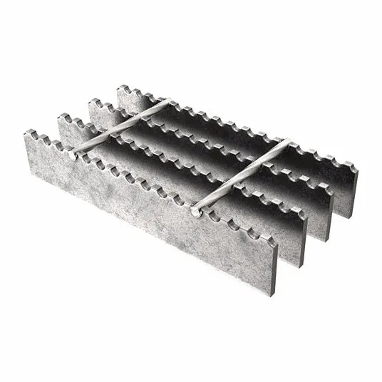 Serrated steel grating panel at elevated three-quarter angle on white studio background